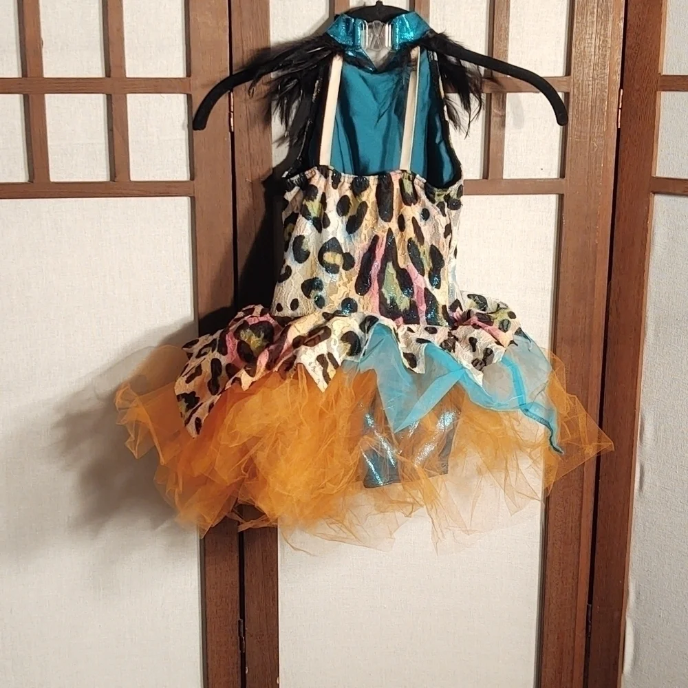 Sparkly Multicolor Leopard Print Tutu with Feather Trim at the Neck